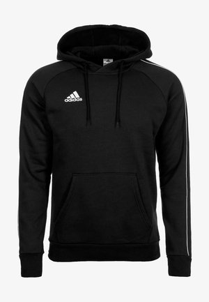 Musta Adidas-huppari valkoisella logolla rinnassa, etukengurulokero, kiristysnauhalla varustettu huppu ja ohuet valkoiset raidat hihoissa.