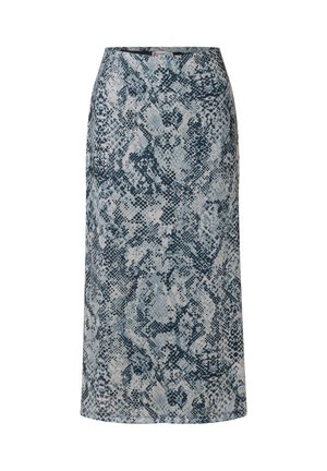 Blauw-witte slangprint rok, middellang, met een aansluitende taille en een gladde stoftextuur, weergegeven tegen een neutrale achtergrond.
