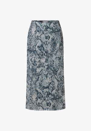 Blau-weißer Schlangenmuster-Rock, knieumspielend, mit tailliertem Bund und glatter Stoffoberfläche, vor einem neutralen Hintergrund präsentiert.