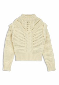 Cream knit sweater featuring a high collar, textured patterns with open weave, and braiding details along the shoulders and sleeves.