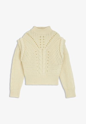 Cremefarvet striktrøje med høj krave, teksturerede mønstre med åbent væv, og fletninger langs skuldrene og ærmerne.