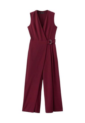 Bordeaux jumpsuit van gladde stof, met een wikkelontwerp en een ceintuur in de taille, met brede pijpen en zonder mouwen.