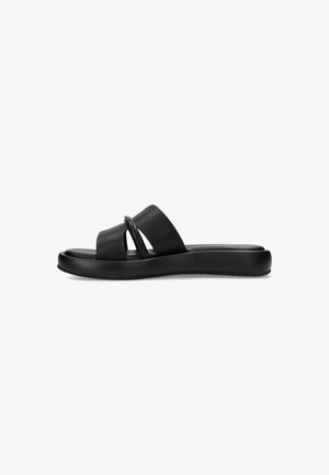 Sort glidesandal med to brede stropper; lavet af glat materiale, med en tekstureret sål for greb og et minimalistisk design.