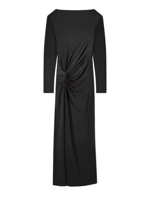 Abito nero a maniche lunghe con scollo off-the-shoulder, dettaglio della vita annodata e una silhouette elegante e aderente, realizzato in tessuto liscio.