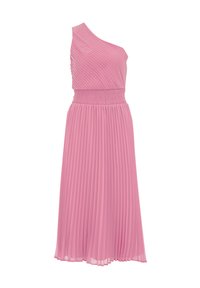 Plisserad, enaxlad klänning i mjukt rosa tyg. Har en smockad midja, svävande silhuett och knälång fåll. Slät textur.