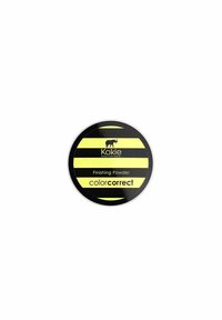 Kokie Finishing Powder, rund behållare med svarta och gula ränder, med en elefantlogotyp och etikett med texten "colorcorrect".