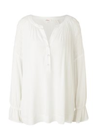 Blusa bianca a maniche lunghe con bottoni sul davanti, morbida al tatto, spalle arricciate e maniche svasate. Design semplice e versatile.