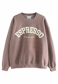 Felpa marrone realizzata in morbido tessuto, con una grafica testuale bianca che recita "ESPRESSO" con un design curvo e polsini a costine.