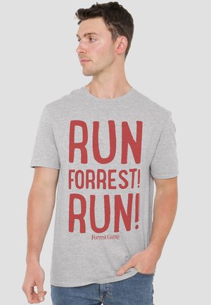 Graues Baumwoll-T-Shirt mit fettem rotem Text: "RUN FORREST! RUN!" und einem kleineren Label "Forrest Gump" am unteren Rand. Kurzärmliges Design.