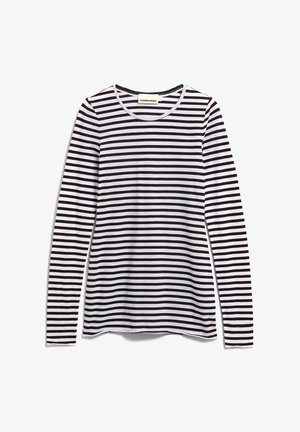 Langarmshirt aus weichem Baumwollstoff, mit horizontalen schwarz-weißen Streifen und einem runden Halsausschnitt. Einfaches Design, gerader Schnitt.