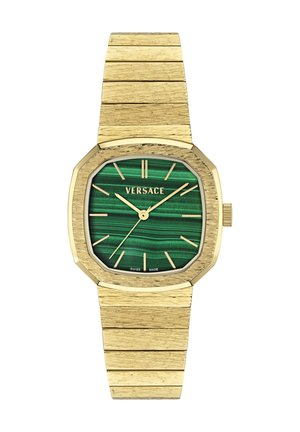 Montre-bracelet en métal ton or avec un cadran texturé vert, des index dorés et le logo Versace en haut au centre.