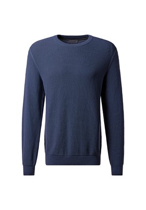 Navyblaues Strickpullover mit langen Ärmeln und einem Rundhalsausschnitt, strukturiertem Finish, gerippten Ärmelabschlüssen und Saum.