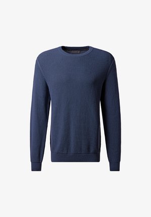 Navyblaues Strickpullover mit langen Ärmeln und einem Rundhalsausschnitt, strukturiertem Finish, gerippten Ärmelabschlüssen und Saum.