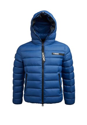 Blue puffer jacket with a hood, featuring a zip front, black zippers, and a quilted texture. Includes a logo on the chest and side pockets.