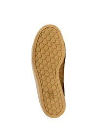 Semelle de chaussure avec un motif hexagonal, en caoutchouc, de couleur beige. Texture notable et design de la bande de roulement pour l'adhérence. Taille indiquée : 39.