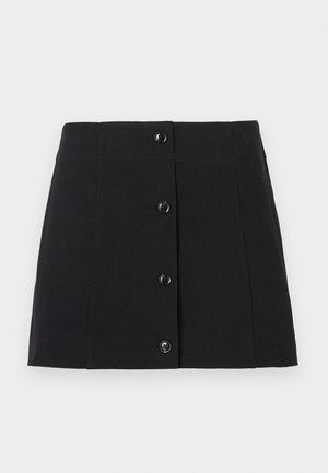 Μαύρη κοντή φούστα με κουμπιά, κατασκευασμένη από βαμβάκι, με ίσια γραμμή, έξι μαύρα κουμπιά στο μπροστινό μέρος και λεία υφή.