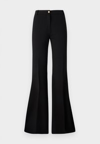 Pantaloni cu flared negri, confecționați dintr-un material neted, având închidere cu buton în față, bucle pentru curea și un design curat, croit.