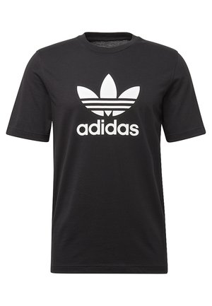 Czarny krótki t-shirt Adidas z białym logo trefoil i napisem „adidas” nadrukowanym na środku przodu.