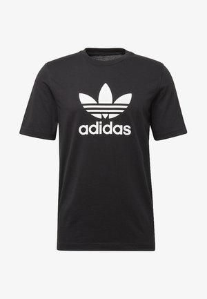 Czarny krótki t-shirt Adidas z białym logo trefoil i napisem „adidas” nadrukowanym na środku przodu.