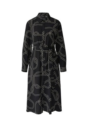 Schwarzes Hemdkleid mit durchgehender Knopfleiste, langen Ärmeln, tailliertem Bund und kontrastierendem weißen abstrakten Muster. Glatte Stofftextur.