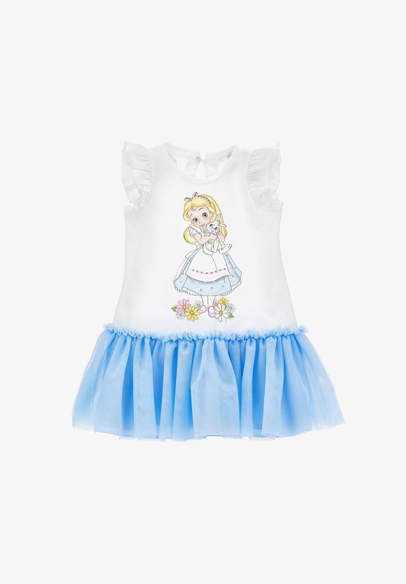 Robe en coton blanche avec jupe en tulle bleu, présentant une illustration d'une fille avec un lapin et des accents floraux. Design à manches ruffles.
