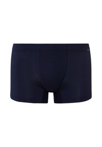 Tmavě modré boxerky z měkké látky s přiléhavým střihem, našitými švy a logem na pásu.