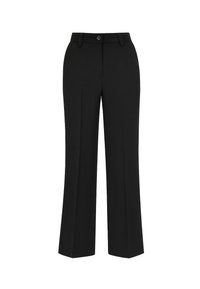 Pantaloni neri con design a gamba dritta, dotati di chiusura con bottone, passanti per cintura e pieghe frontali, realizzati in un tessuto liscio.