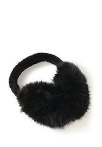 Crne lažne krznene navlake za uši s okruglim dizajnom, mekanom teksturom, elastičnim remenom za lako nošenje i gustim, mekanim krznom na obje strane.