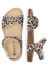 Sandaaltjes met luipaardprint, voorzien van een verstelbare gesp, kurken voetbed en witte rubberen zool. Heeft een gladde textuur en open ontwerp.