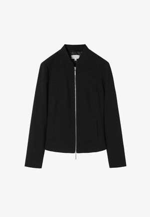 Black bomber-style jacket made of smooth fabric, featuring a front zipper, stand collar, and tailored fit. No visible patterns or accents.