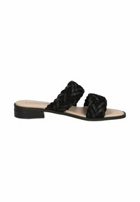 Ciabatte nere con cinturini in tessuto intrecciato che presentano un dettaglio luccicante e un tacco basso e spesso. Soletta liscia beige.