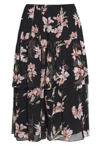 Gonna maxi nera a strati con motivo floreale nei toni del pesca e del verde. Realizzata in materiale leggero con una vita arricciata.