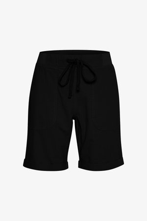 Mustad mustad, millel on kummist vöökoht, kaks eesmist taskut, rullitud servad ja külgede niidid. Valmistatud kergest kangast.