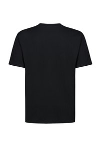 Black cotton t-shirt with a crew neck, short sleeves, and a plain back. No visible logos or patterns. Smooth texture.