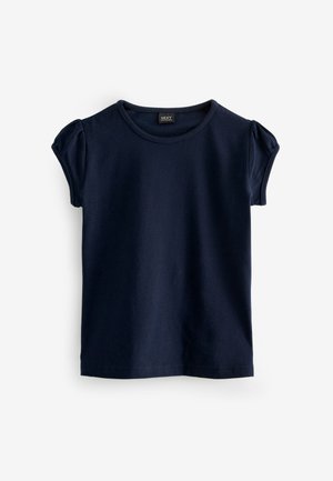 Donkerblauw katoenen T-shirt met korte pofmouwen en een ronde hals. Zachte textuur en eenvoudig ontwerp, geschikt voor casual kleding.