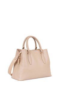 Borsa a mano in pelle beige chiaro con due manici rotondi, tracolla removibile e hardware dorato. Texture liscia e forma strutturata.