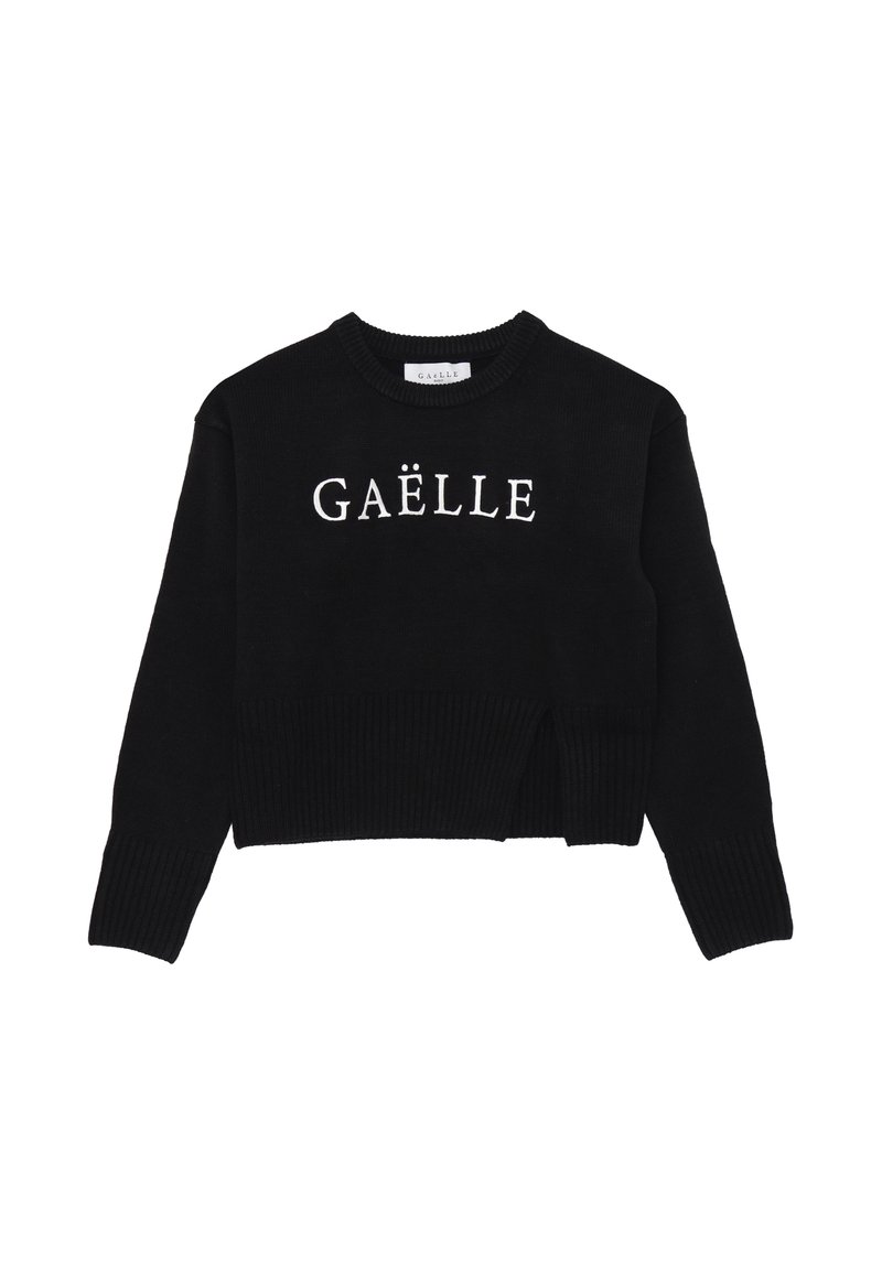Maglione corto nero realizzato in tessuto a maglia, con polsini e orlo a costine, con la scritta "GAËLLE" stampata in bianco sul davanti.