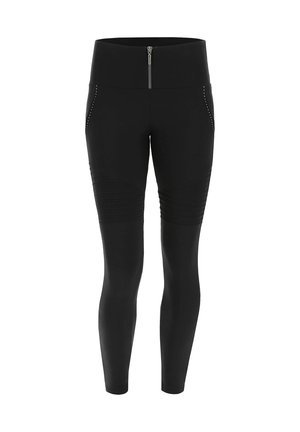 Leggings neri a vita alta con zip frontale e dettagli a coste sulle cosce, con tasche laterali con piccoli puntini riflettenti.