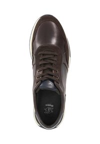 Dark brown leather sneaker with round toe, laces, and contrasting cream rubber sole. Interior features soft lining and logo detail.
