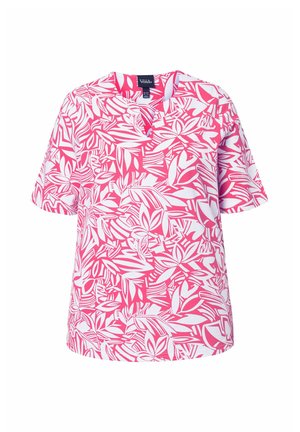 Ulla Popken, ABSTRACT FOLIAGE SHORT SLEEVE SPLIT NECK TEE - T-Shirt print - pink