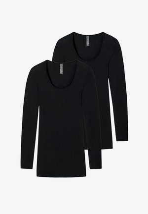 Zwei langärmelige schwarze T-Shirts mit Rundhalsausschnitt, aus einem glatten, dehnbaren Stoff und mit minimalistischem Design.