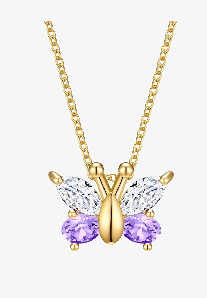 Collar con pendiente de mariposa dorada, con dos acentos de piedras preciosas moradas y dos transparentes. Presenta una cadena delicada y un acabado pulido.