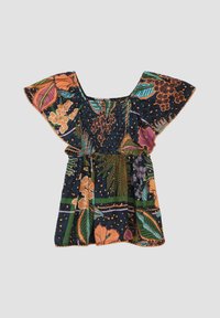 Bloemmotief blouse in donker marineblauwe stof. Voorzien van korte, zwierige mouwen, een gerimpelde lijfje en contrasterende borduursels.