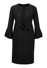 Schwarzes Kleid mit runder Ausschnitt, Bindedetail am Kragen und langen, ausladenden Ärmeln. Der Stoff scheint glatt und leicht dehnbar zu sein.