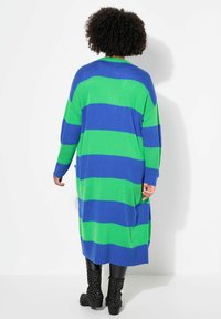 Cardigan lungo con ampie strisce orizzontali verdi e blu, realizzato in materiale a maglia texturizzato, con spalle scese e tasche laterali.