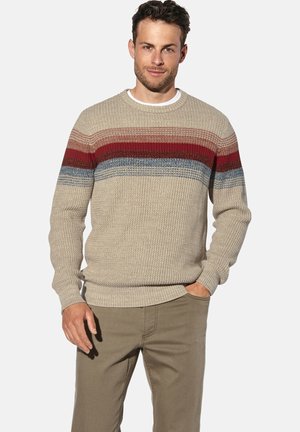Beiger gestrickter Pullover mit horizontalen Streifen in Rot, Blau und Dunkelbraun. Bündchen und Saum mit Rippstruktur, Rundhalsausschnitt. Kombiniert mit khakifarbenen Hosen.