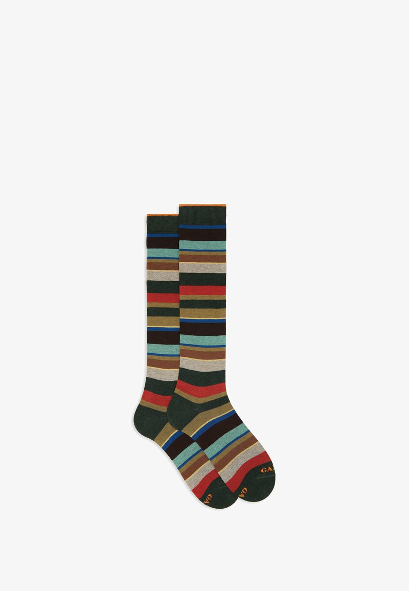 Un paio di calze al ginocchio con righe orizzontali in verde, blu, rosso, marrone, beige e nero su uno sfondo bianco.