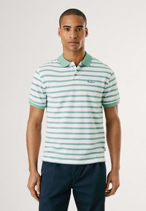 Striped polo shirt in white and mint green, short sleeves, collar, featuring a logo on the left side, and a straight hemline.