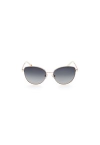 Gafas de sol con forma de ojo de gato, lentes graduados en gris, marco de metal plateado, patillas de plástico blanco y un sutil logotipo en la lente.