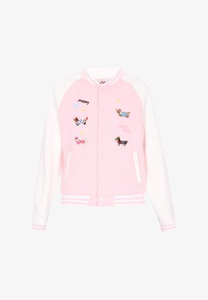 Růžovo-bílá bomber bunda s vyšívanými motivy psů, žebrovanými manžetami a lemem, vybavená zapínáním na knoflíky s hroty a bočními kapsami.